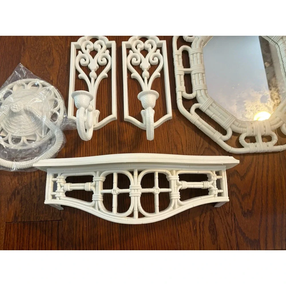 Homco Bathroom Wall Decor Set Faux Wicker Mirror Shelf Candle Towel Holder